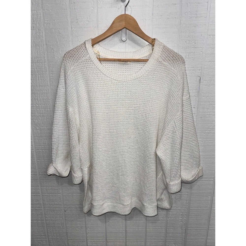 Umgee Waffle Knit Sweater Womens White Oversized Rolled Sleeve Small